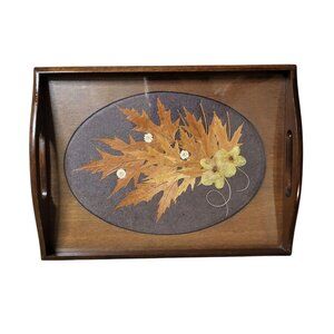 Vtg Decorative Wood Tray with Pressed Leaves and Flowers - Idaho - 12.5 x 9.5 in